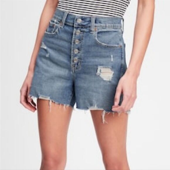 Gap Raw Hem Distressed High Waisted Denim Shorts Ripped Button Fly Raw Hem - Picture 1 of 11